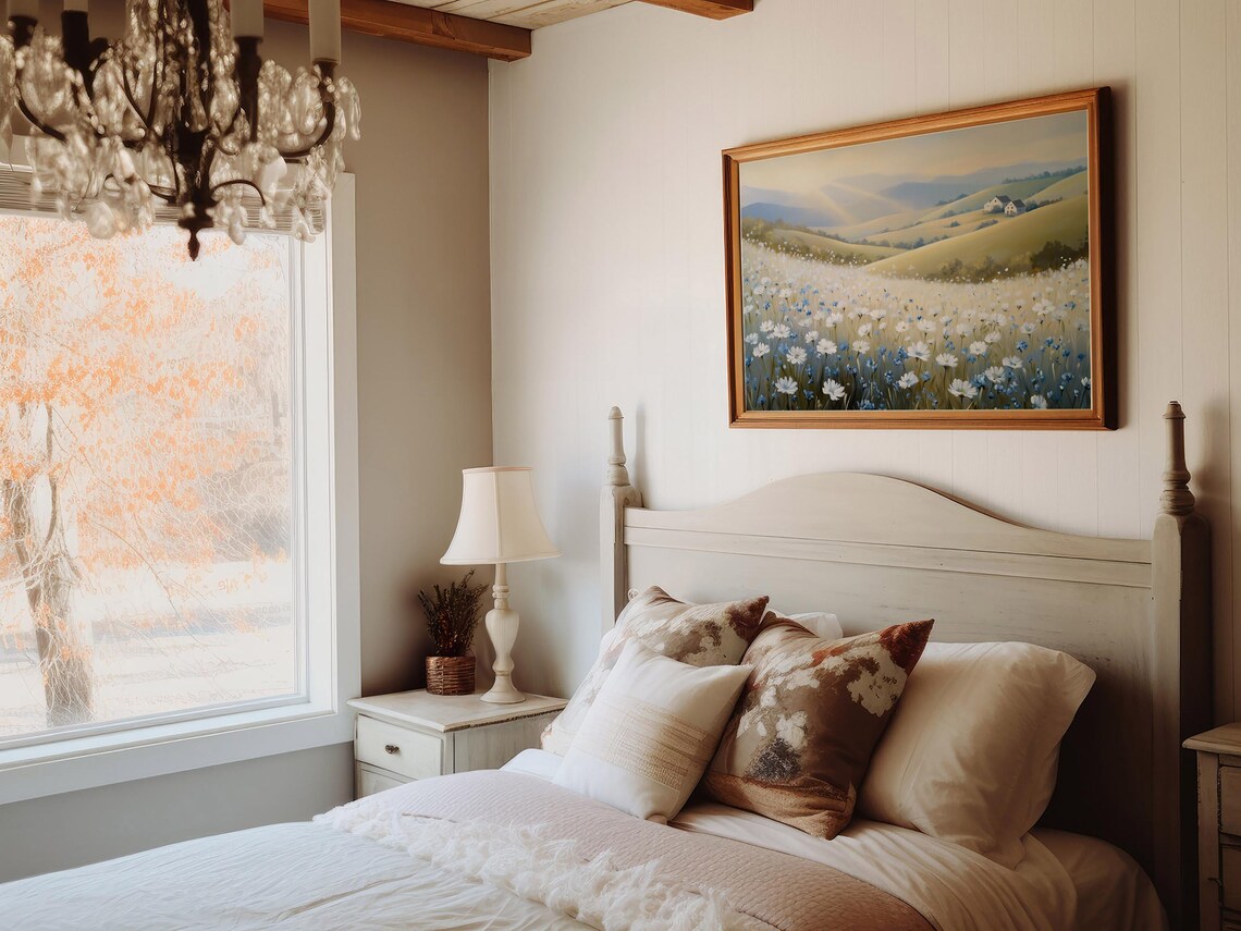 Blue White Wildflower Meadow Morning Sun Countryside Art Print - Image 5