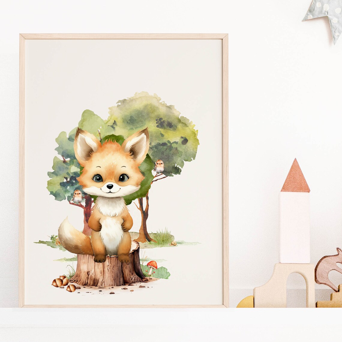 Baby Fox Tree Stump Watercolor Woodland Nursery Animal Poster - Image 5