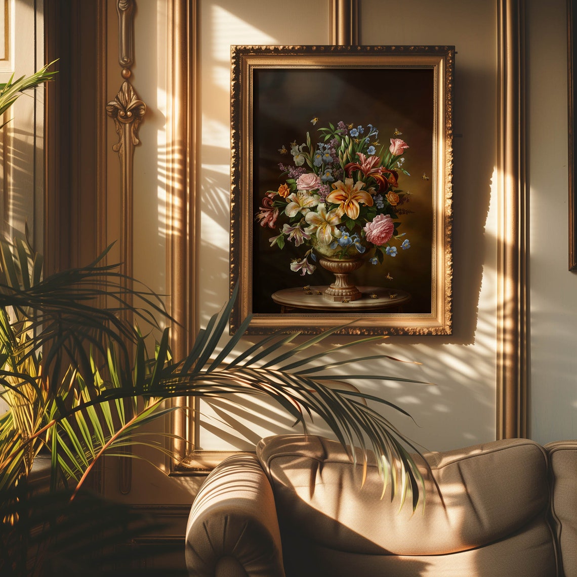 Dark Moody Floral Still Life Lush Bouquet Bumblebee Vintage Poster - Image 3