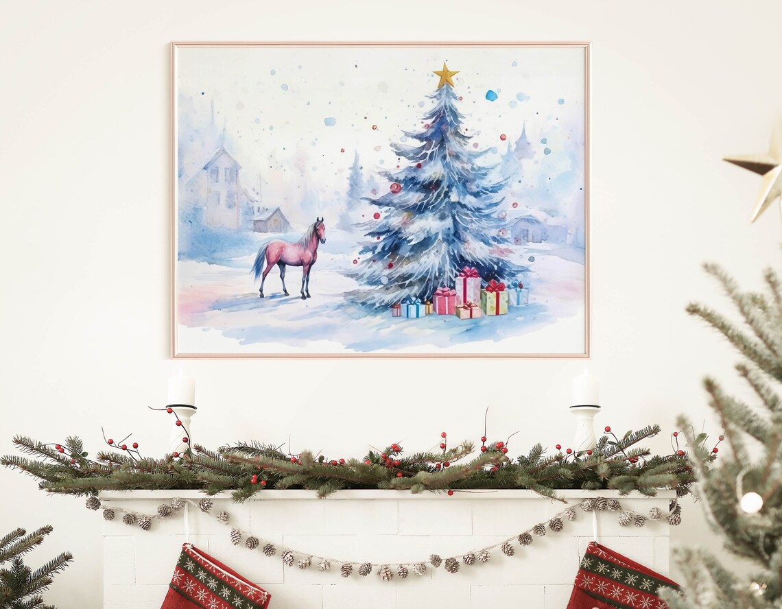 Blue Christmas Tree Pink Horse Gifts Watercolor Holiday Art Print - Image 6