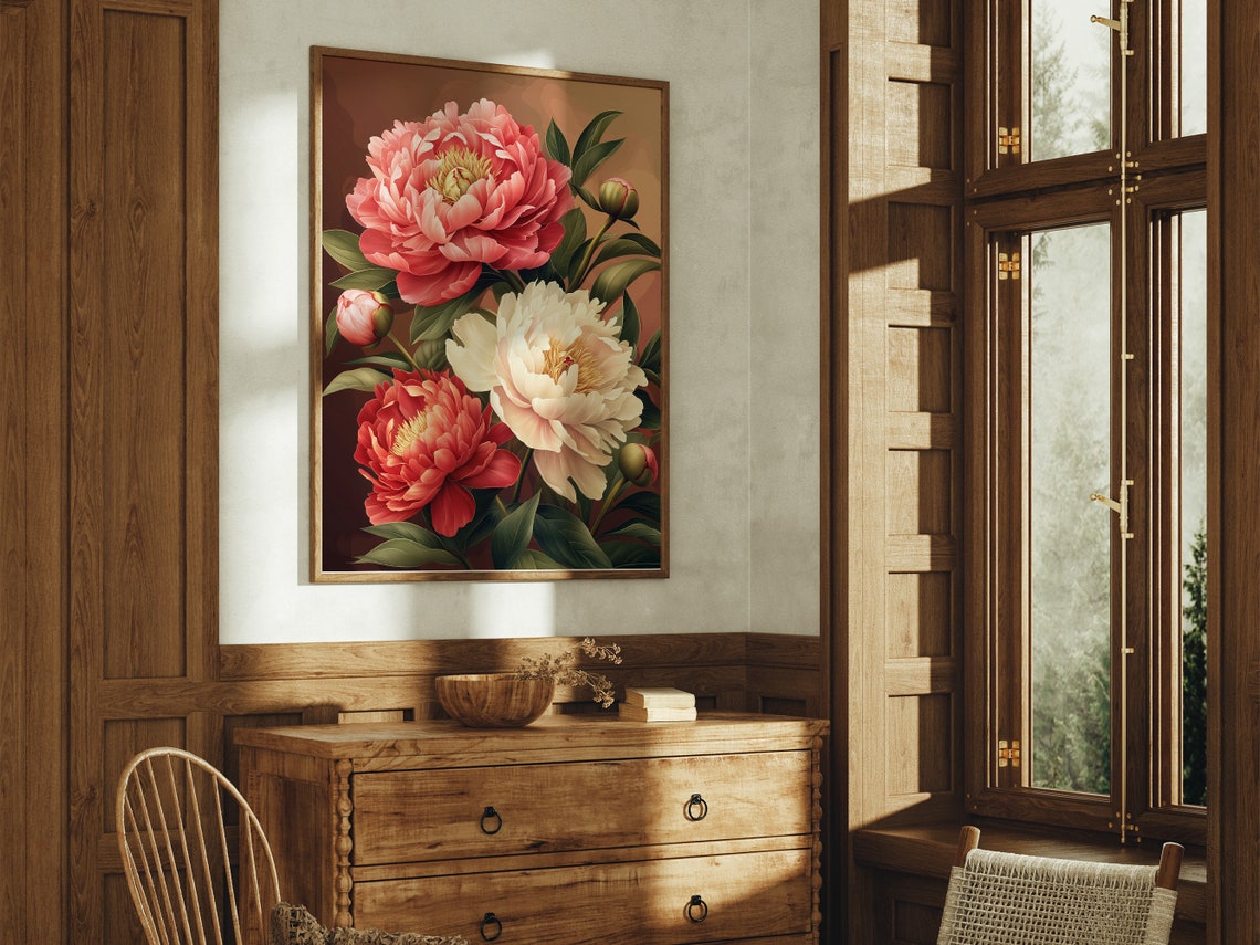 Peony Blooms Buds Warm Copper Background Vintage Botanical Poster - Image 3