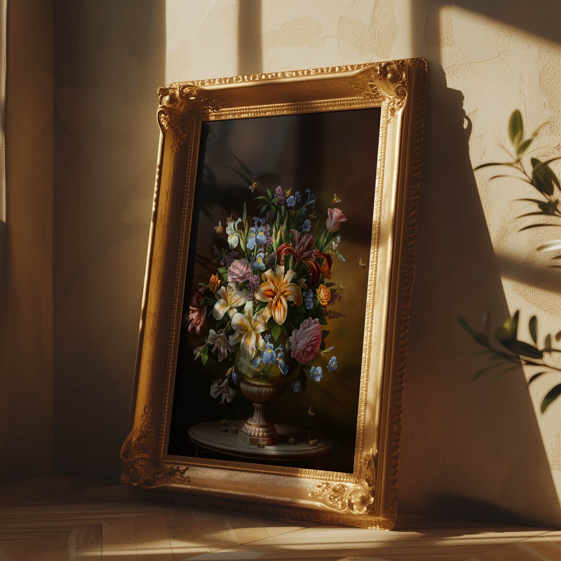 Dark Moody Floral Still Life Lush Bouquet Bumblebee Vintage Poster - Image 4