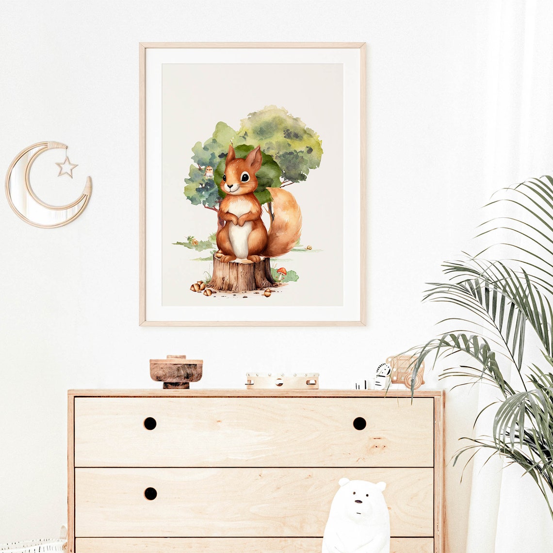 Red Squirrel On Tree Stump Watercolor Woodland Nursery Animal Poster - Image 2