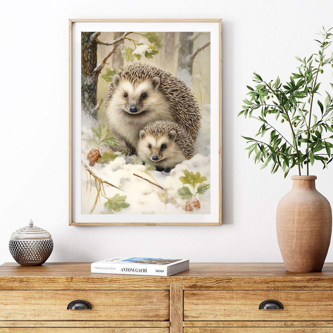 Winter Hedgehogs Mother Baby Snowy Woodland Nursery Art Print - Image 6