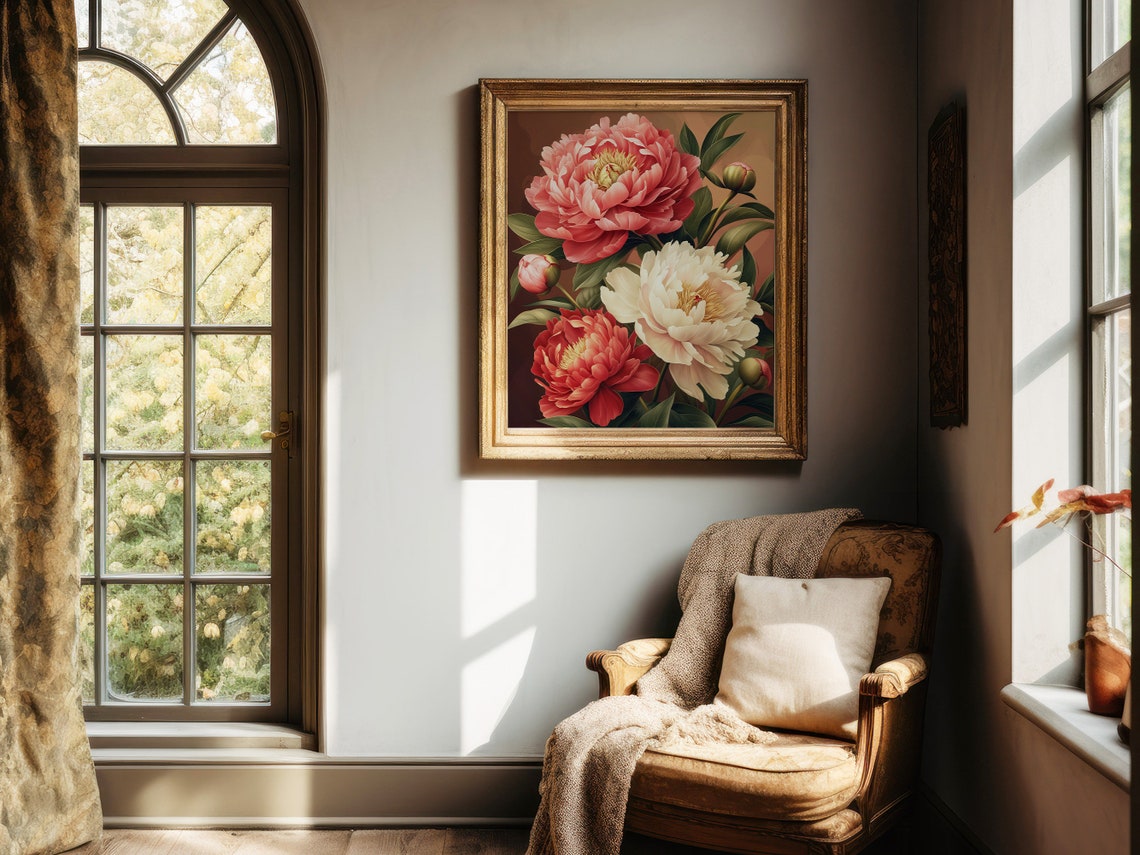 Peony Blooms Buds Warm Copper Background Vintage Botanical Poster - Image 4