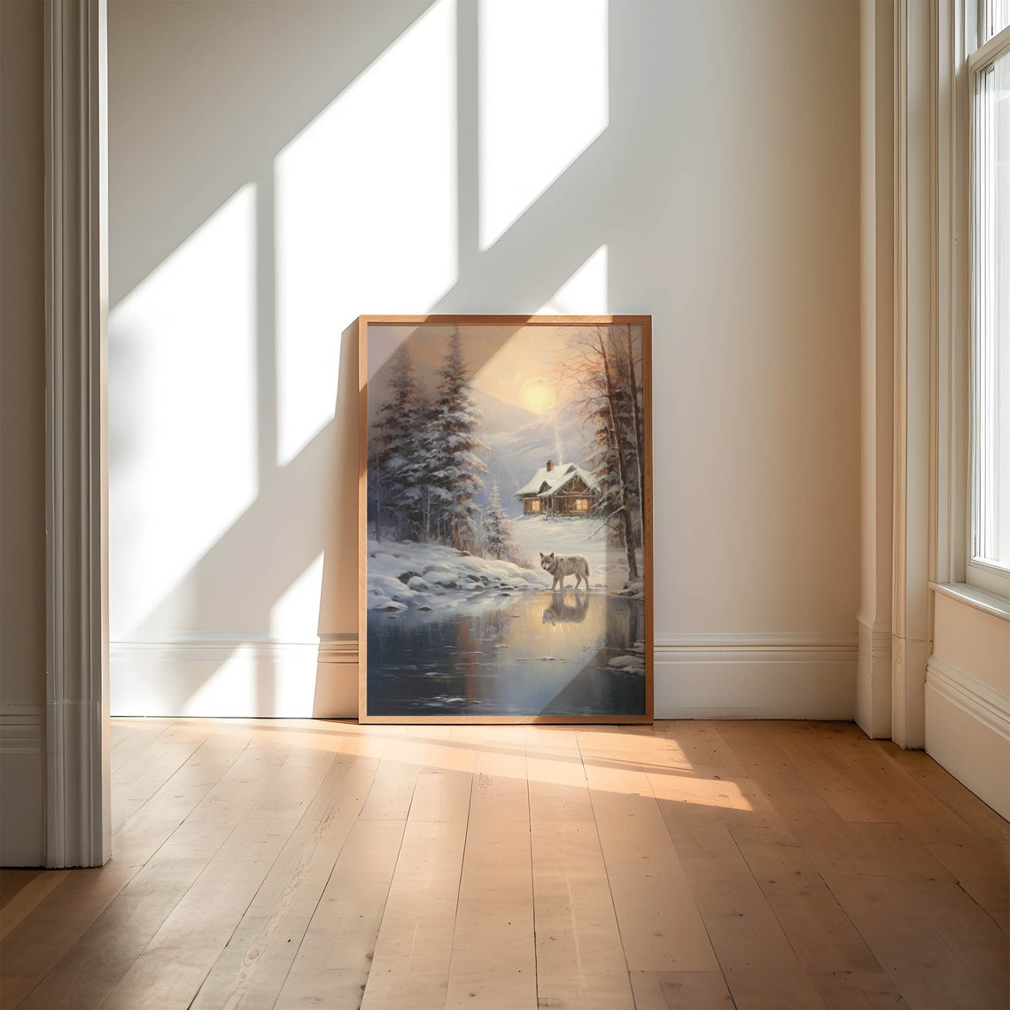 White Wolf by a Winter Stream with Log Cabin Sunset Landscape Poster - Image 5