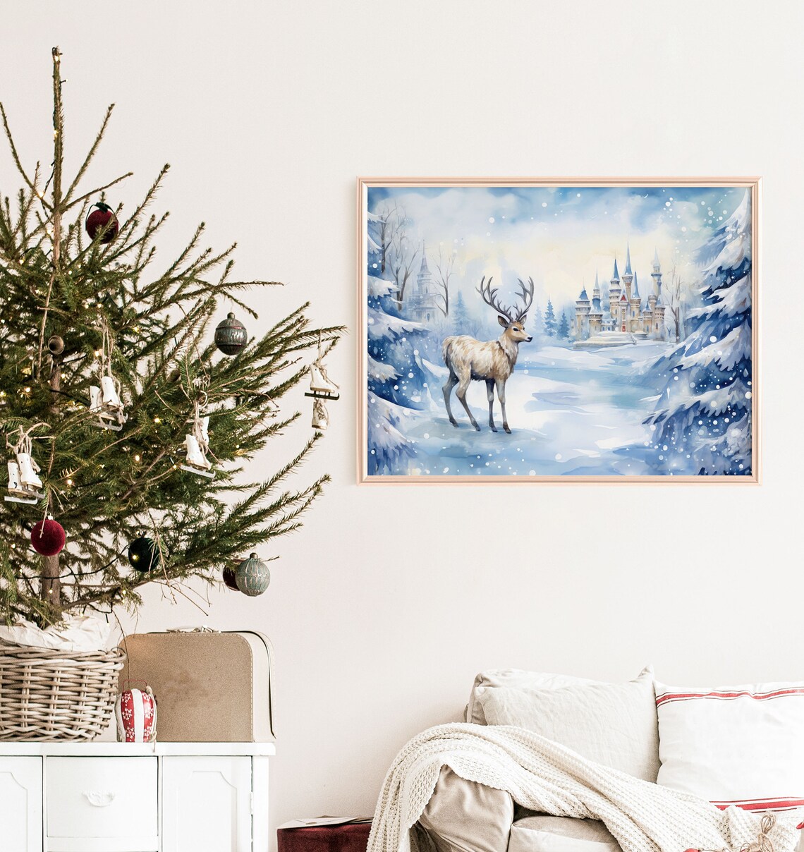 Winter Deer Castle Snowy Blue Christmas Watercolor Art Print - Image 5