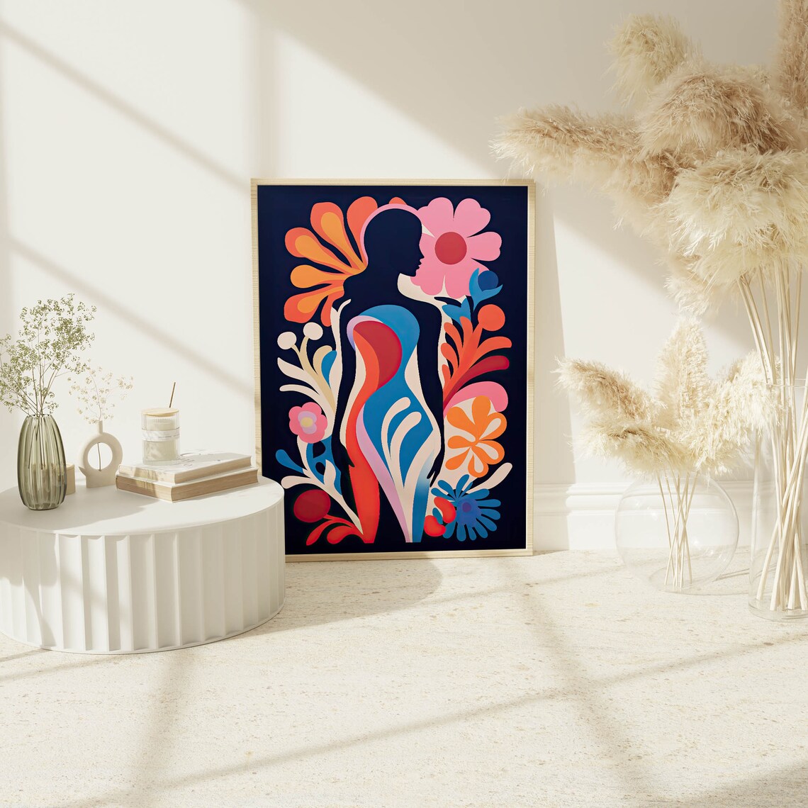 Blue Abstract Female Silhouette with Bold Florals Matisse Style Print - Image 7