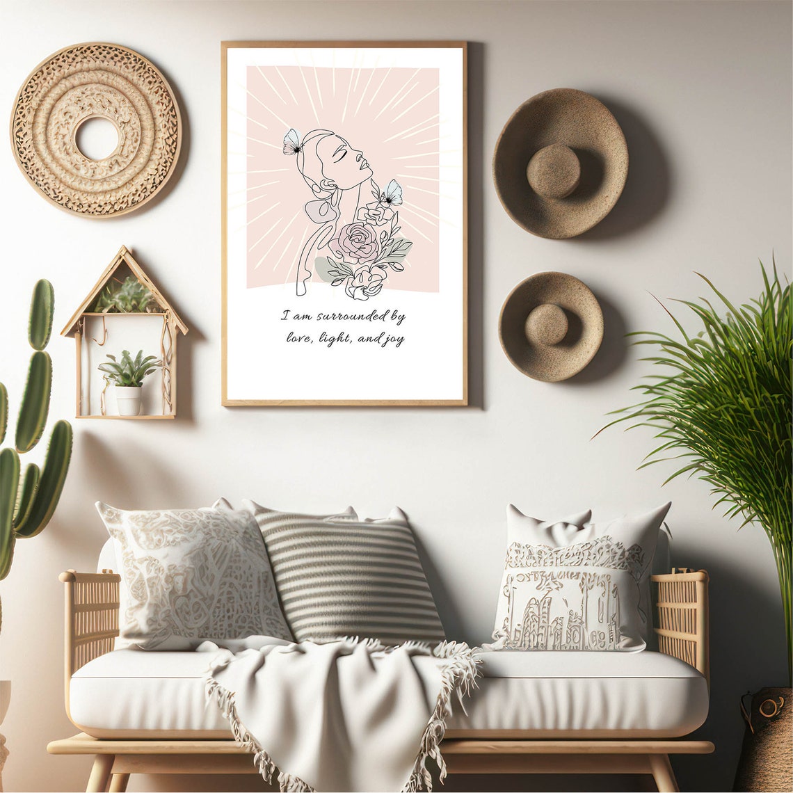 Love Light and Joy Affirmation Boho Line Art Woman Wall Poster - Image 5