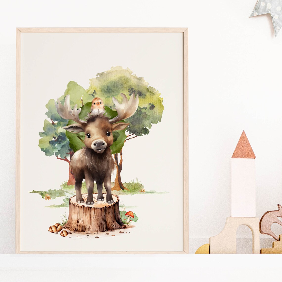 Baby Moose Tree Stump Tiny Owl Watercolor Woodland Nursery Poster - Image 8