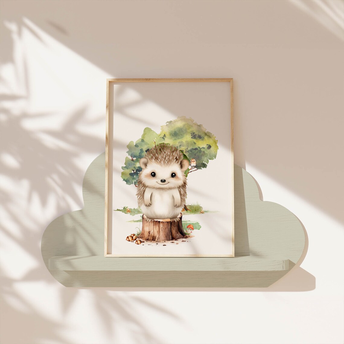 Smiling Hedgehog Tree Stump Watercolor Woodland Nursery Poster - Image 7