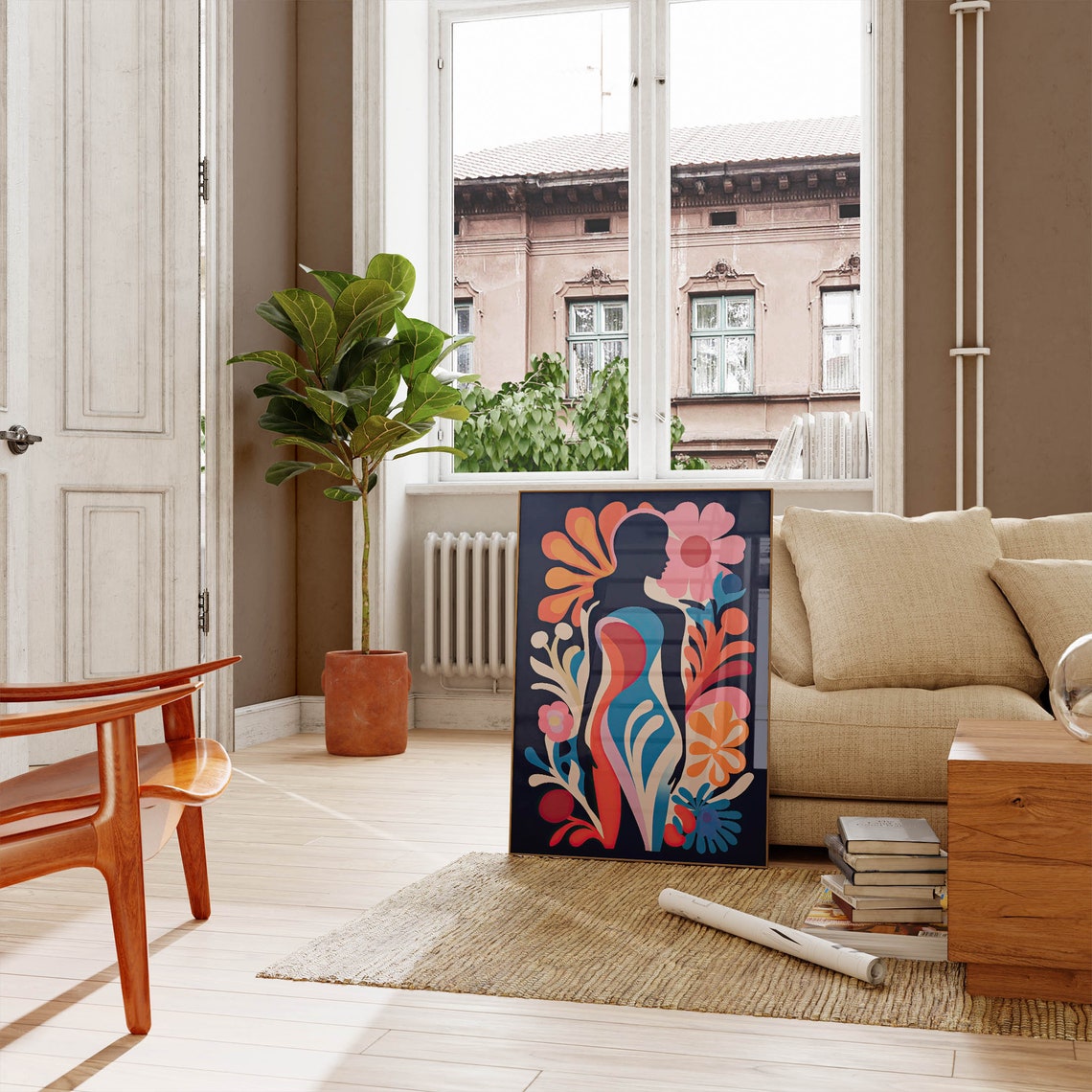 Blue Abstract Female Silhouette with Bold Florals Matisse Style Print - Image 5