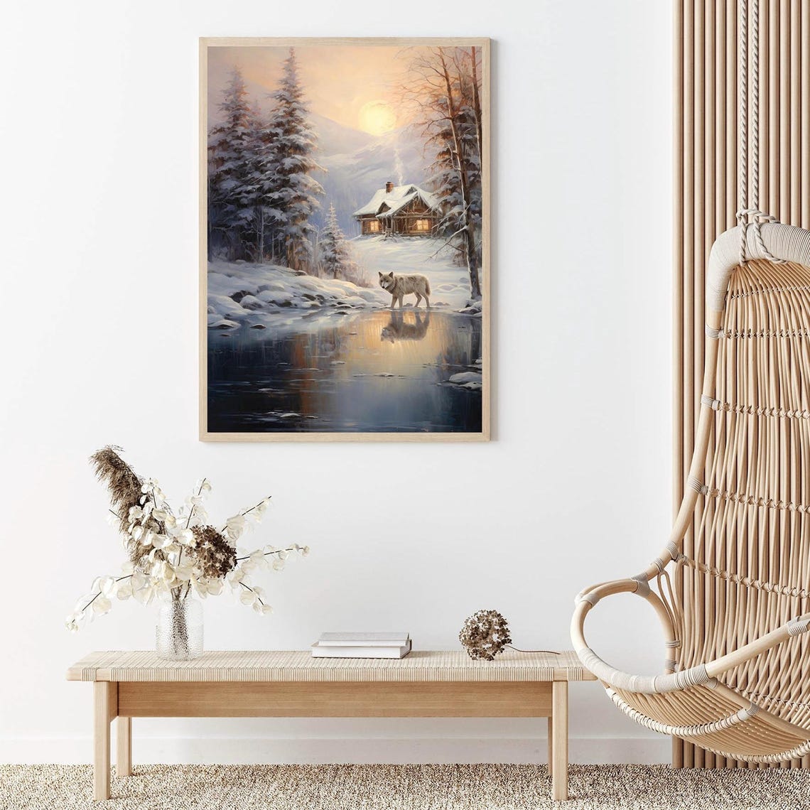 White Wolf by a Winter Stream with Log Cabin Sunset Landscape Poster - Image 4