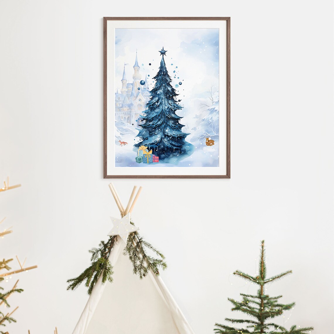 Blue Watercolor Christmas Tree Fairy Tale Castle Snowy Poster - Image 8