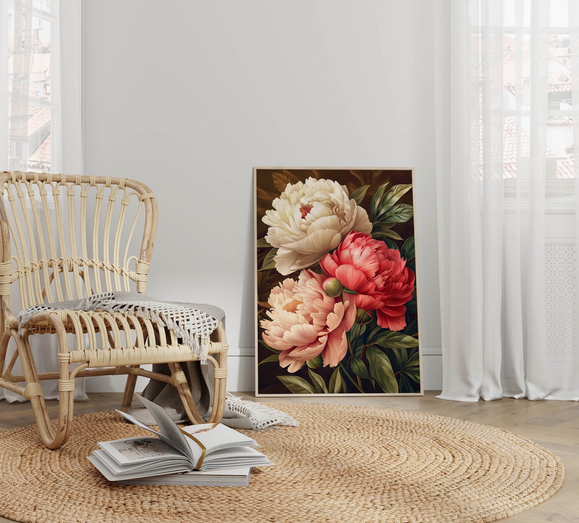 Three Large Peony Flowers Cream Coral Red Dark Painterly Floral Poster - Image 2