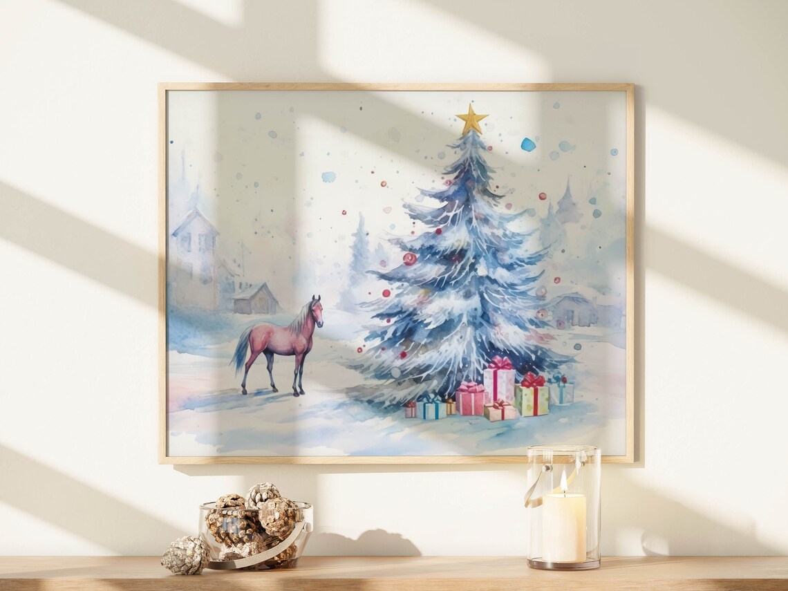Blue Christmas Tree Pink Horse Gifts Watercolor Holiday Art Print - Image 8