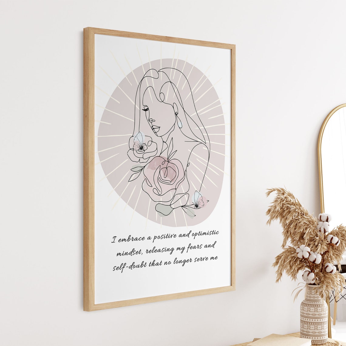 Positive Mindset Affirmation Boho Line Art Woman Floral Poster - Image 5