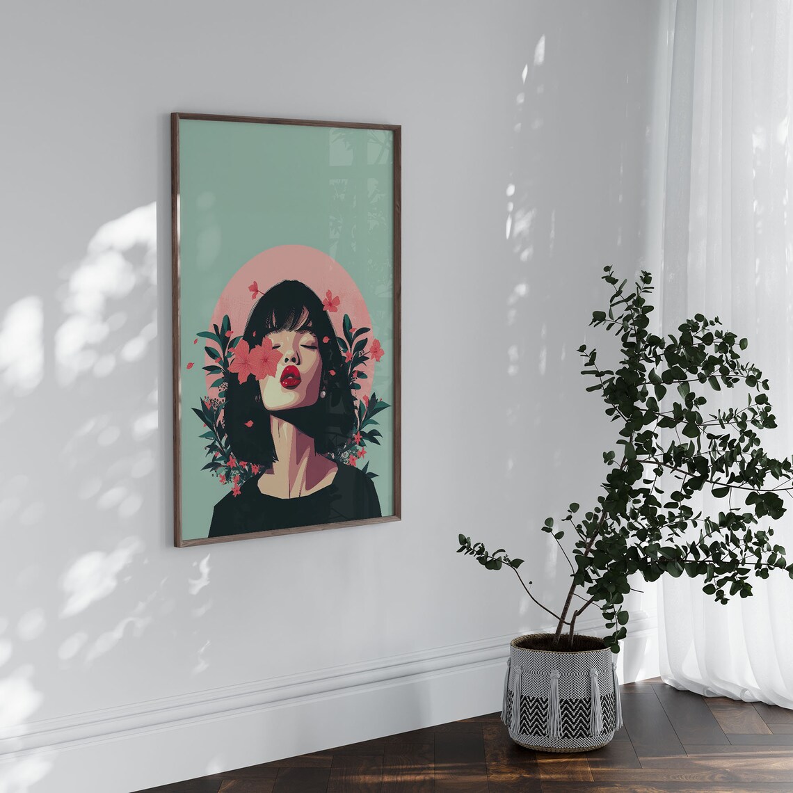 Neo Pop Woman with Flowers on Face Vintage Style Portrait Wall Art - Image 5