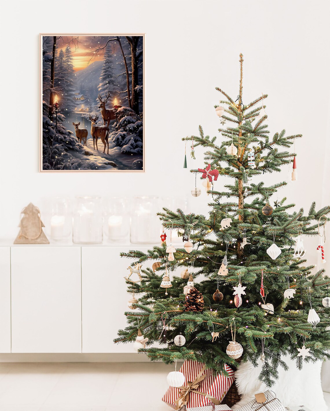 Deer Family Snowy Forest Sunset Winter Woodland Holiday Poster