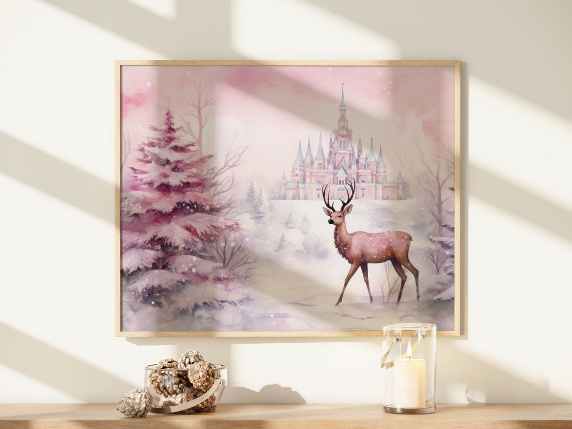Pink Christmas Reindeer Castle Watercolor Dreamy Holiday Art Print - Image 8