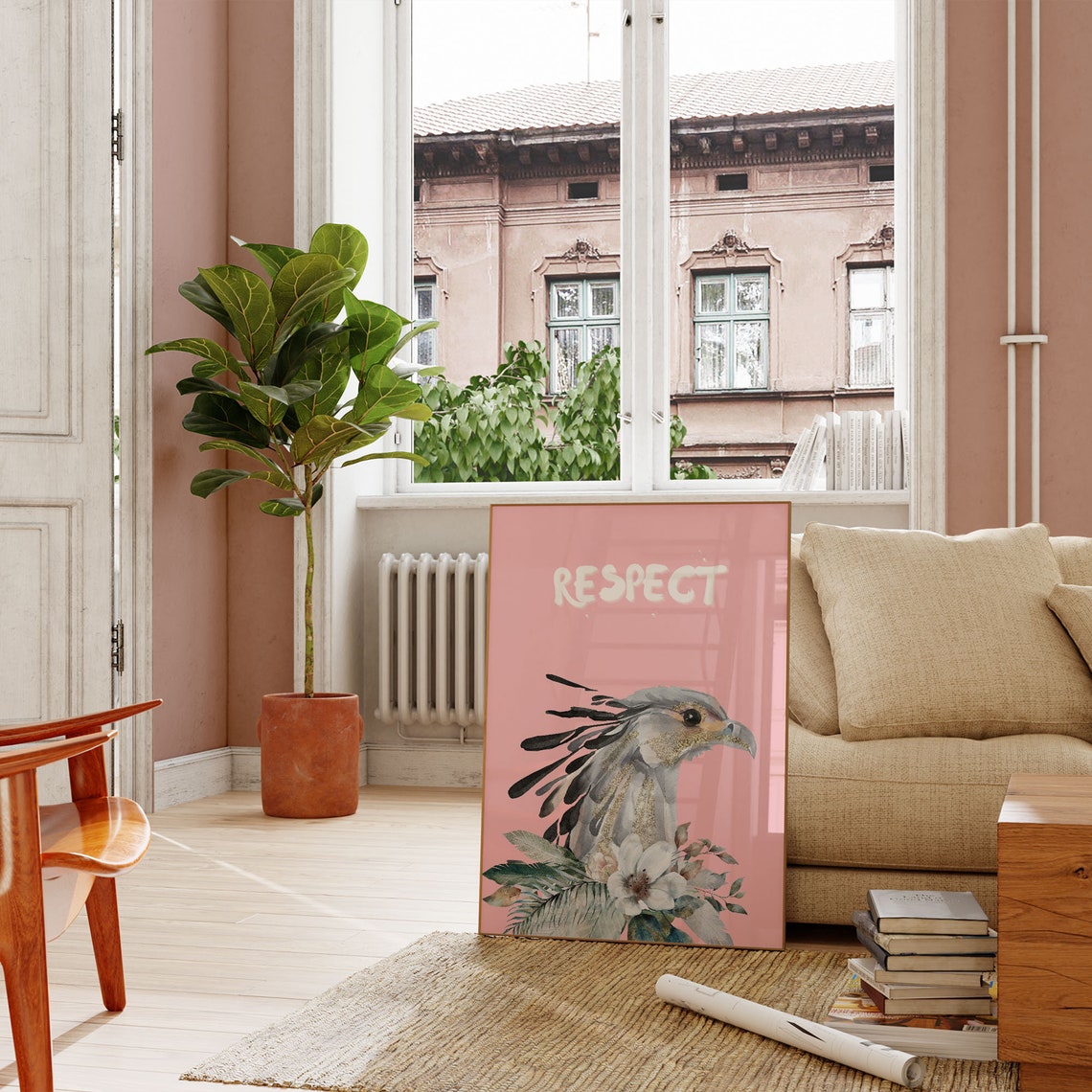Respect Eagle Head Pink Floral Watercolor Preppy Bird Art Poster - Image 2