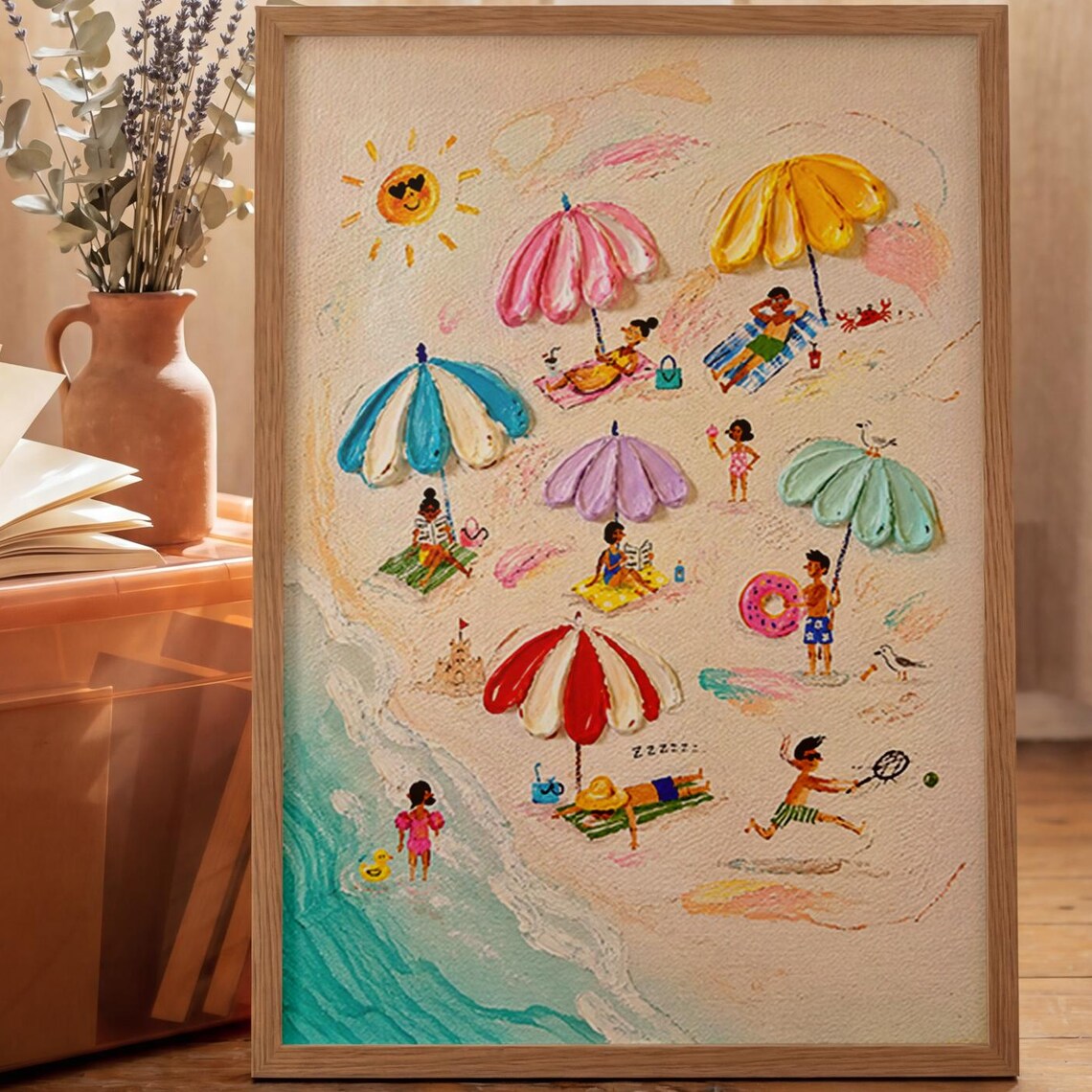 Colorful Beach Day Art Print, Whimsical Coastal Scene