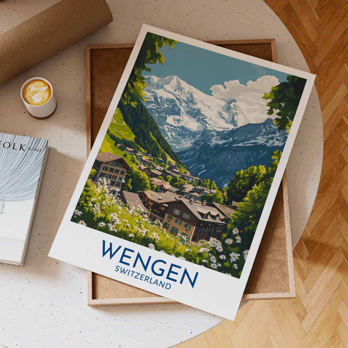 Wengen Switzerland Village Chalet Wildflower Snowy Alps Travel Poster