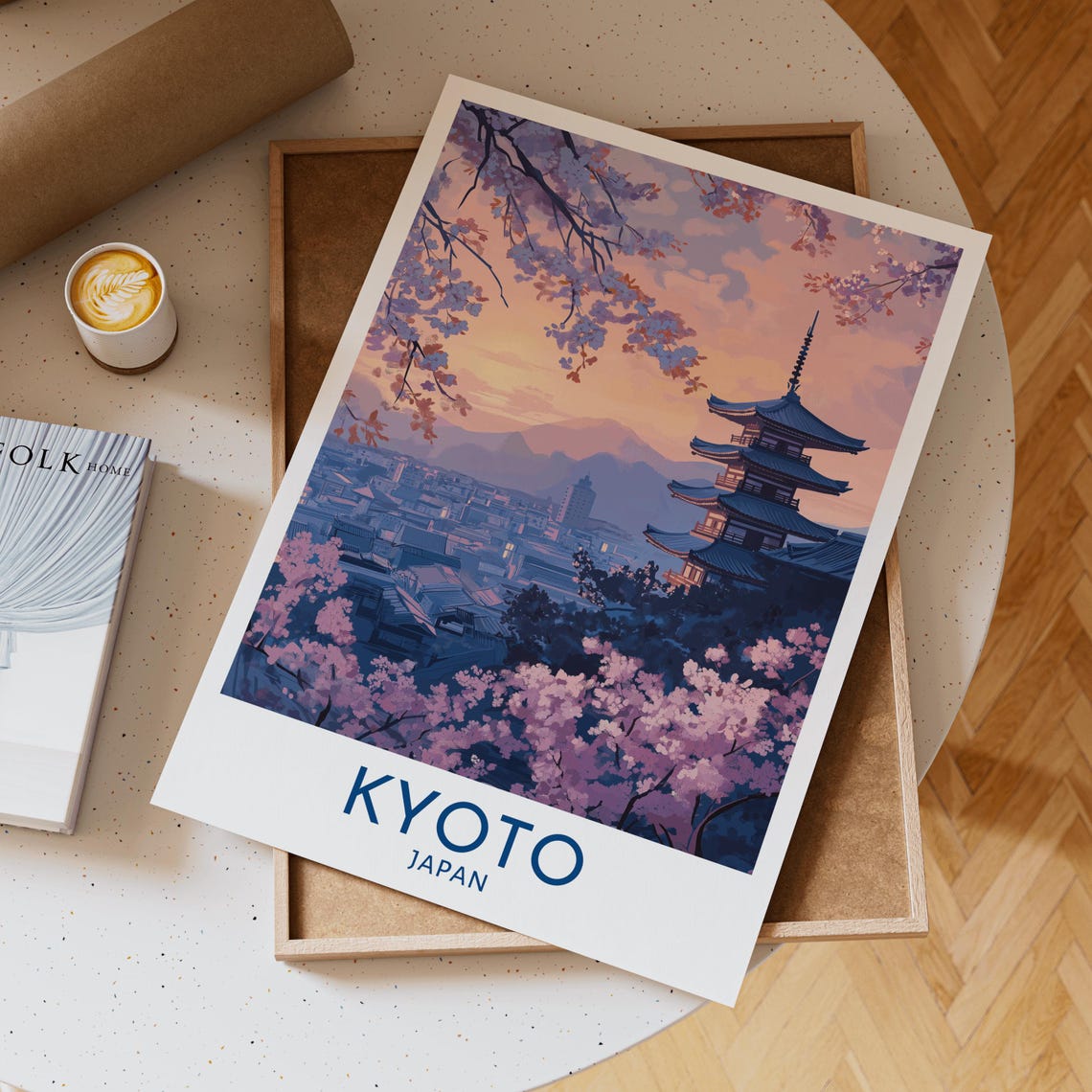 Kyoto Japan Travel Poster Pagoda With Cherry Blossoms at Sunset