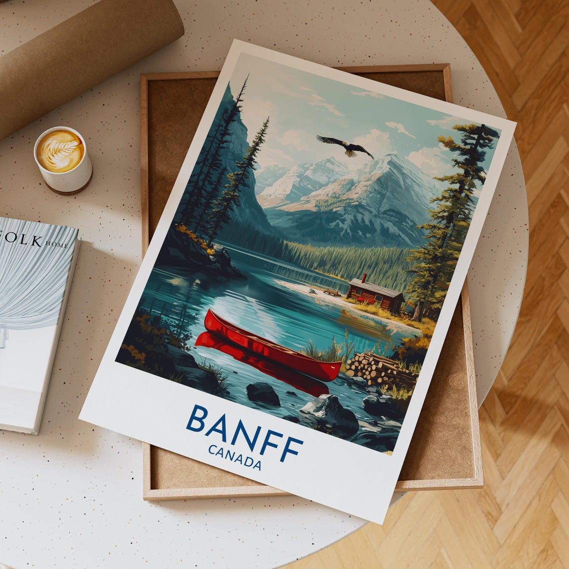 Banff Canada Red Canoe Serene Lake Cabin Mountain Travel Poster