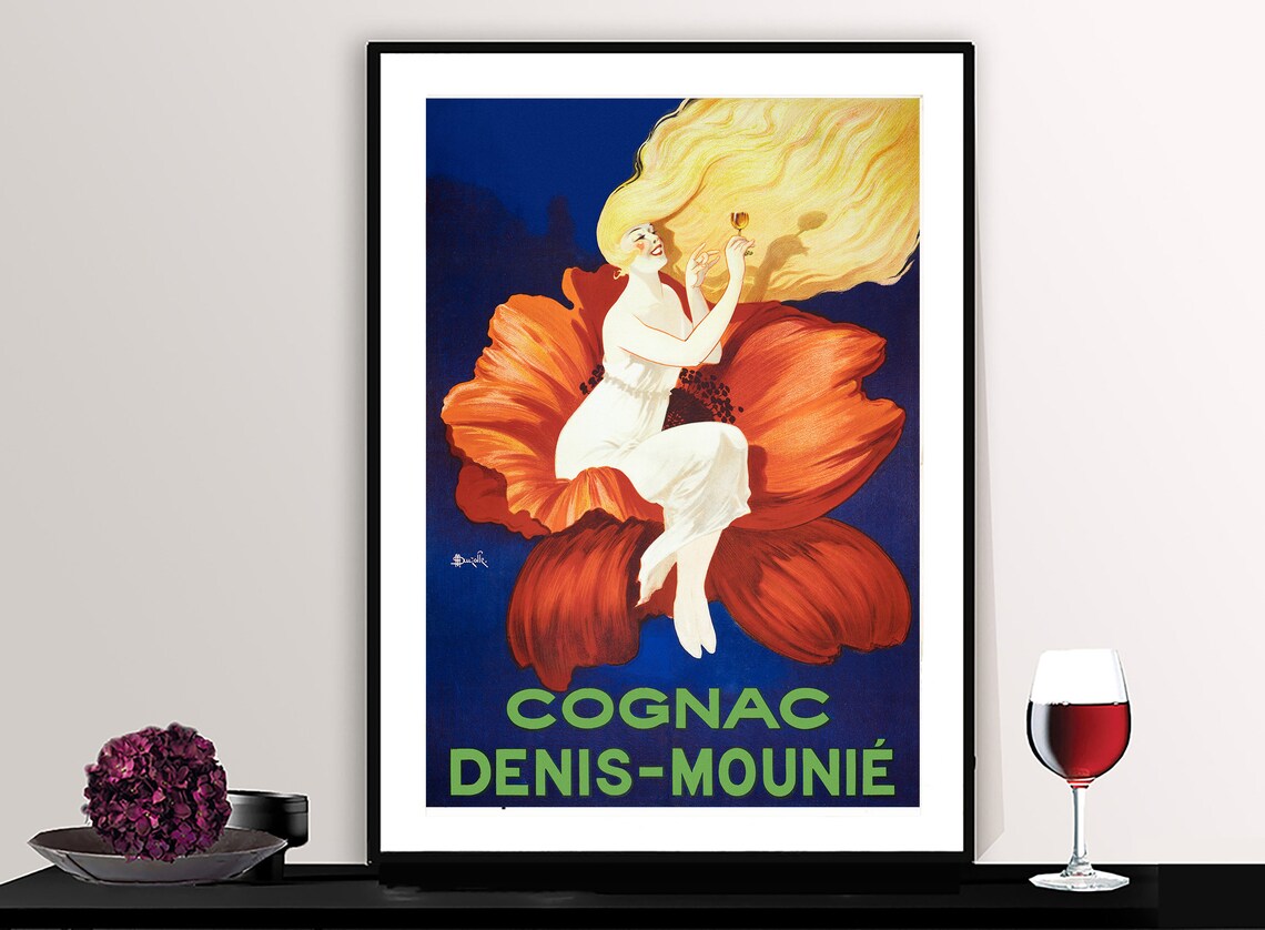 Cognac Denis Mounie Vintage Travel Poster, Bar Decor