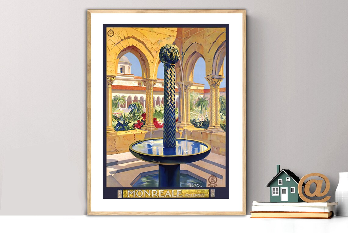 Monreale Palermo Sicily Cloister Fountain Vintage Travel Poster
