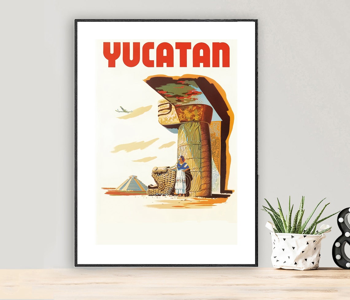 Yucatan Mexico Maya Ruins Pyramid Airplane Vintage Travel Poster