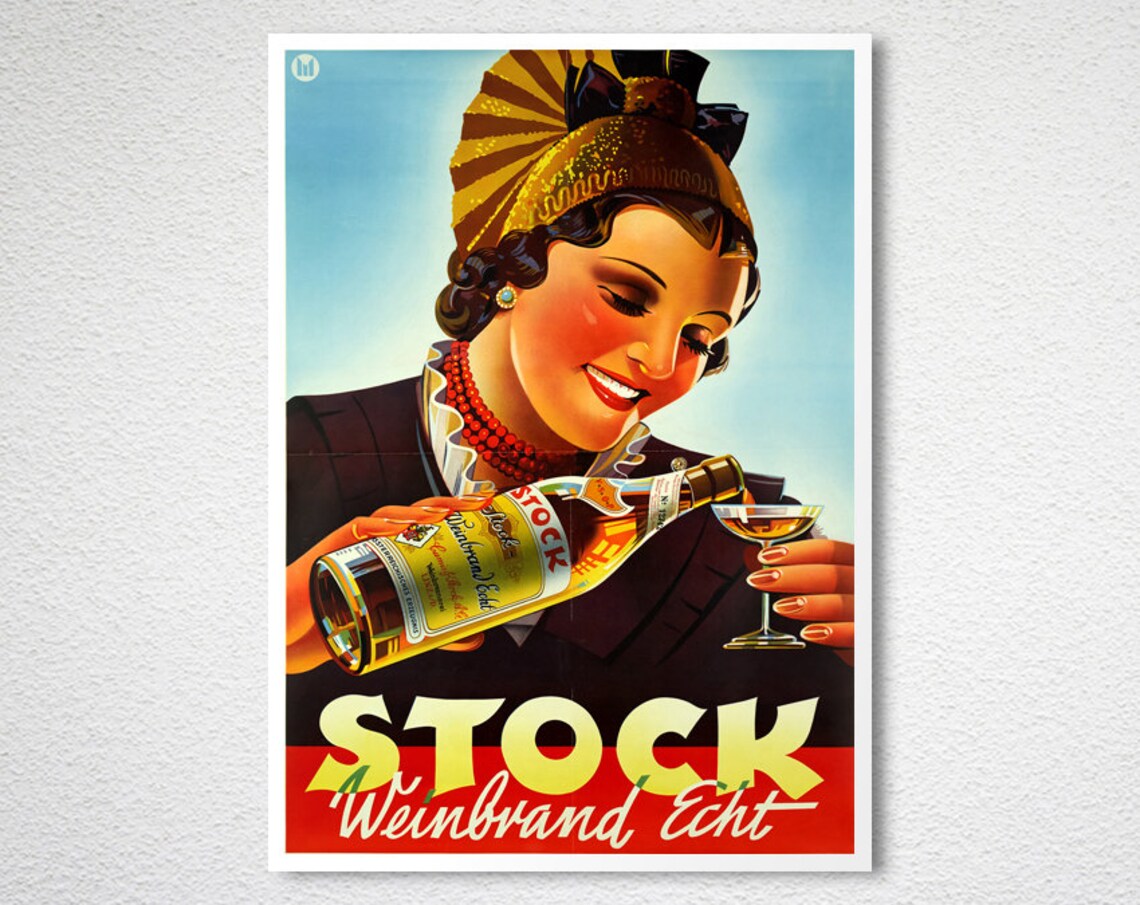 Stock Weinbrand Echt Vintage German Poster Woman Pouring Brandy Glass - Image 2