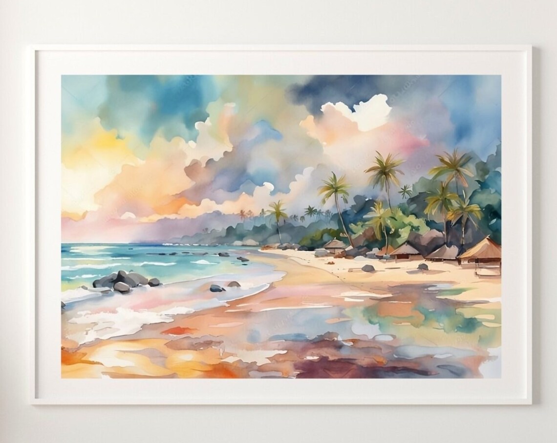 Bali Beach Watercolor Palm Trees Sunset Tropical Travel Poster - Image 4