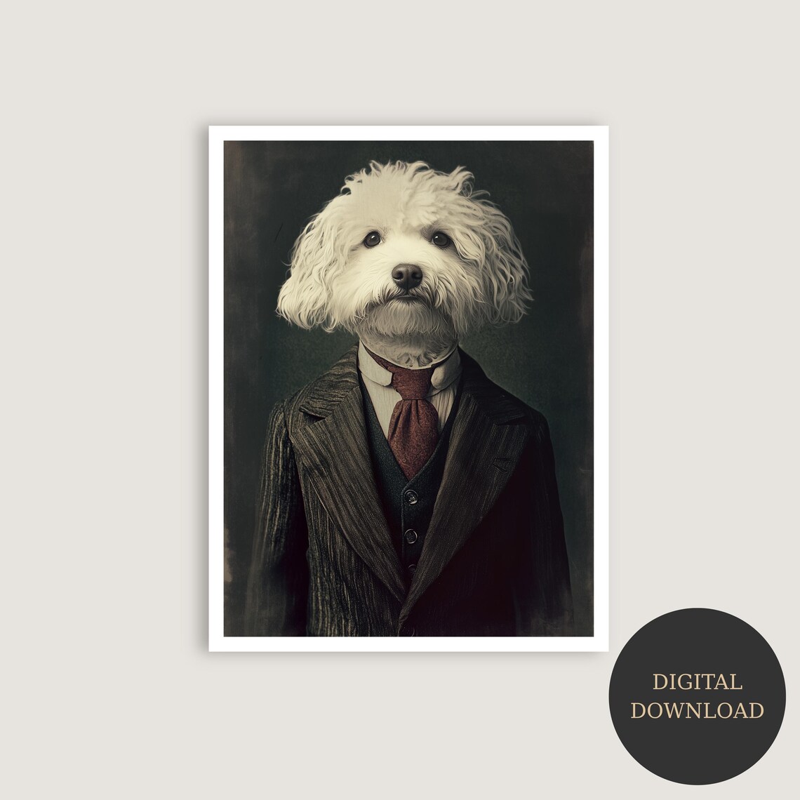 Noble Maltese Dog in Vintage Pinstripe Suit Pet Portrait Poster
