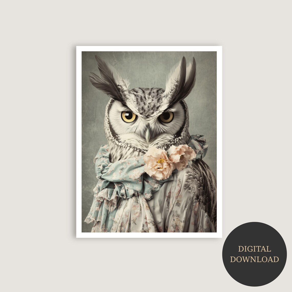 Elegant Owl in Victorian Floral Dress Vintage Animal Portrait Poster