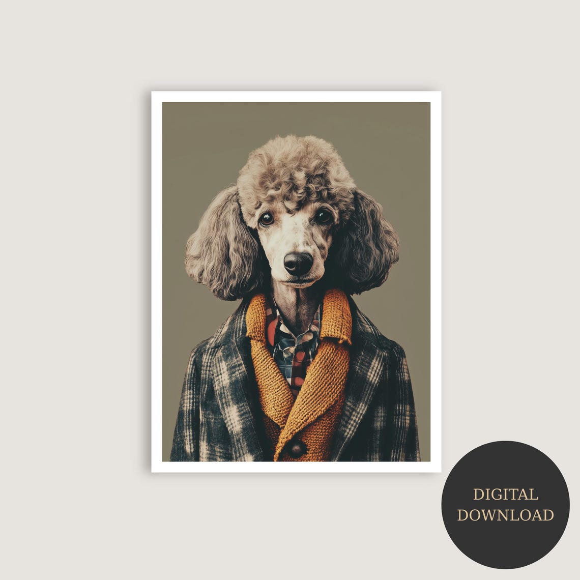 Charming Poodle in Plaid Coat Mustard Scarf Dog Portrait Poster