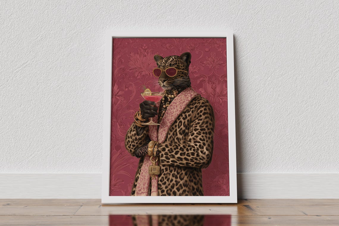 Glamorous Leopard In Sunglasses Holding Cocktail Animal Wall Poster