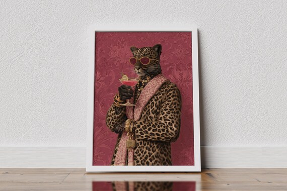 Leopard With Cocktail Animal Wall Art Bar Decor Unique Fashion
