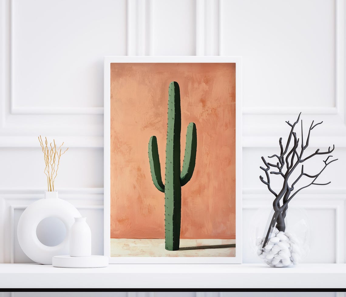 Saguaro Cactus Terracotta Minimalist Desert Botanical Art Poster
