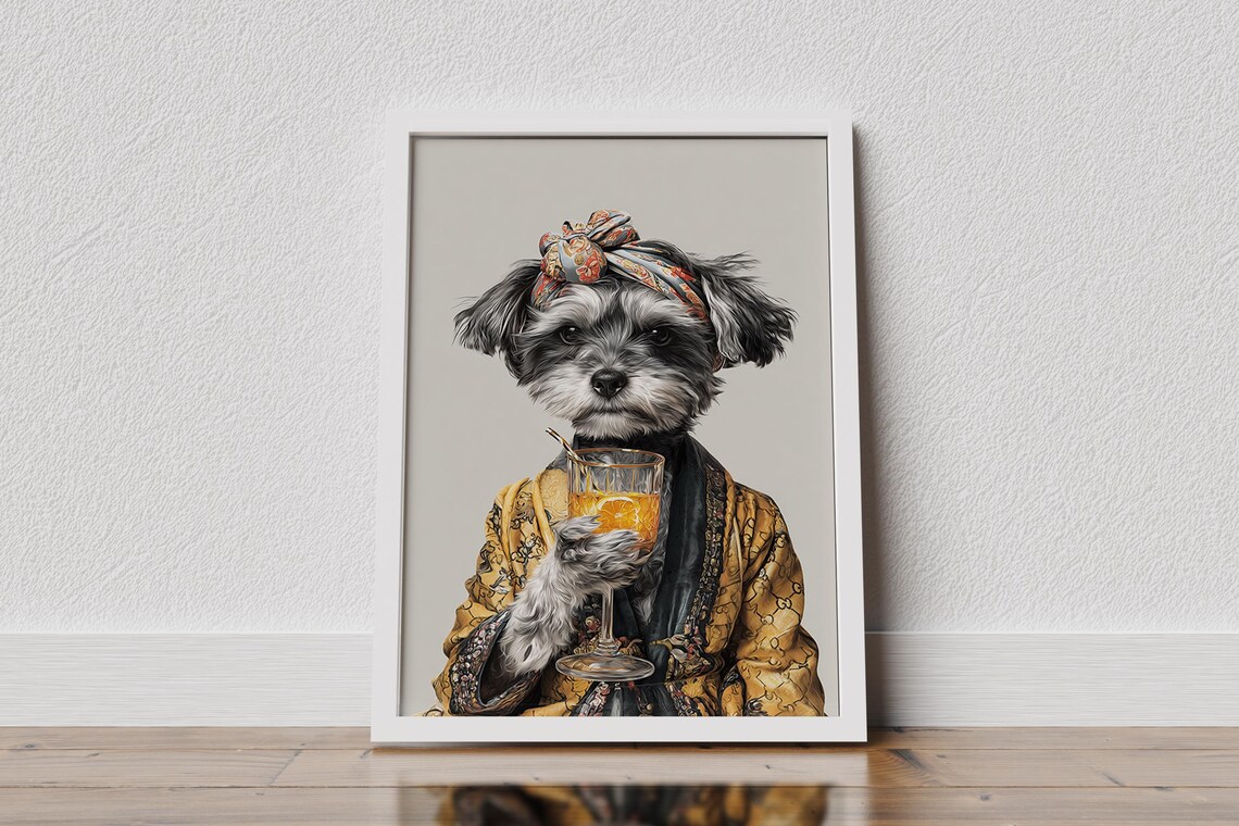 Chic Little Dog In Golden Robe Holding Cocktail Animal Wall Art