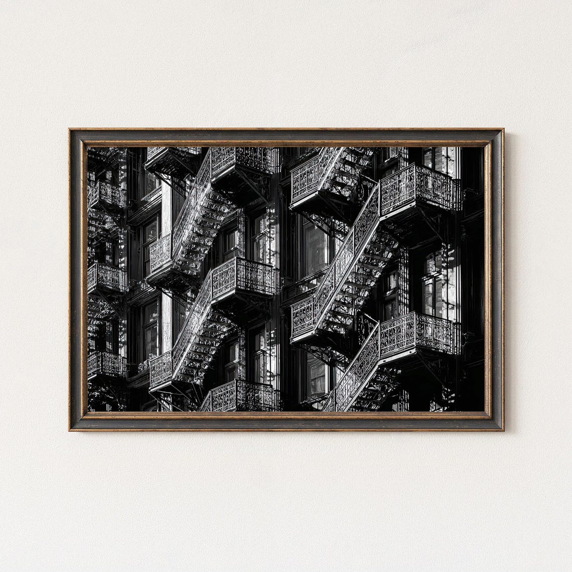 Ornate Iron Fire Escapes Night Black White Architecture Photo Poster