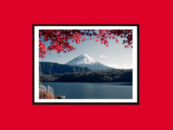 Mount Fuji Japan Autumn Red Maple Leaves Lake View Travel Poster