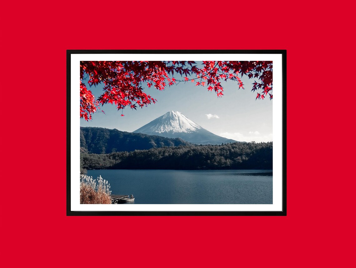 Mount Fuji Japan Autumn Red Maple Leaves Lake View Travel Poster