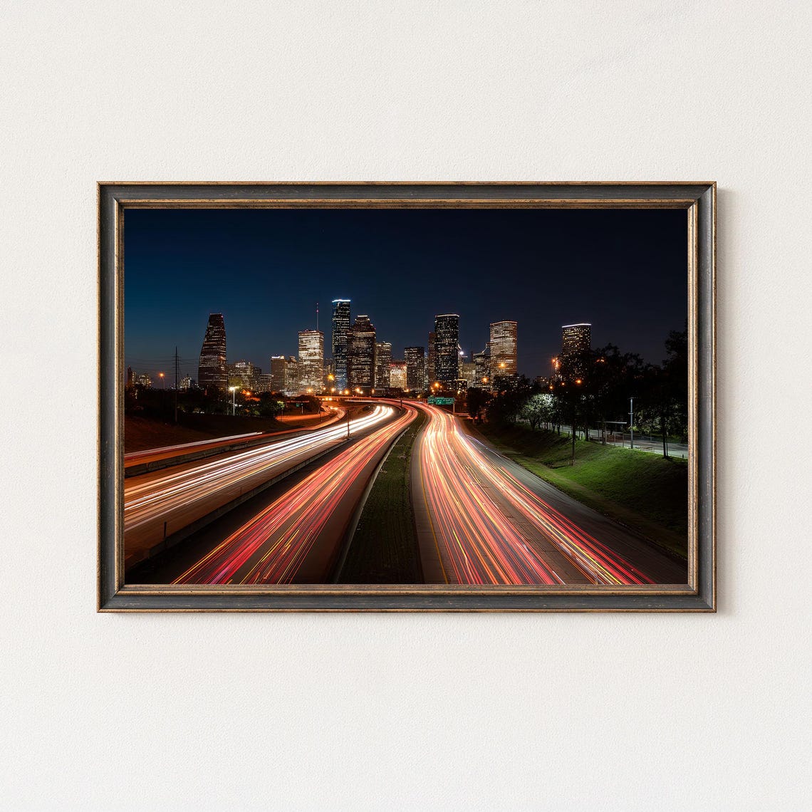 Houston Skyline Night Light Trails Highway Panorama Photo Poster