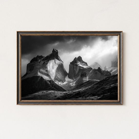 Cuernos Del Paine Mountain Photography Black And White Print