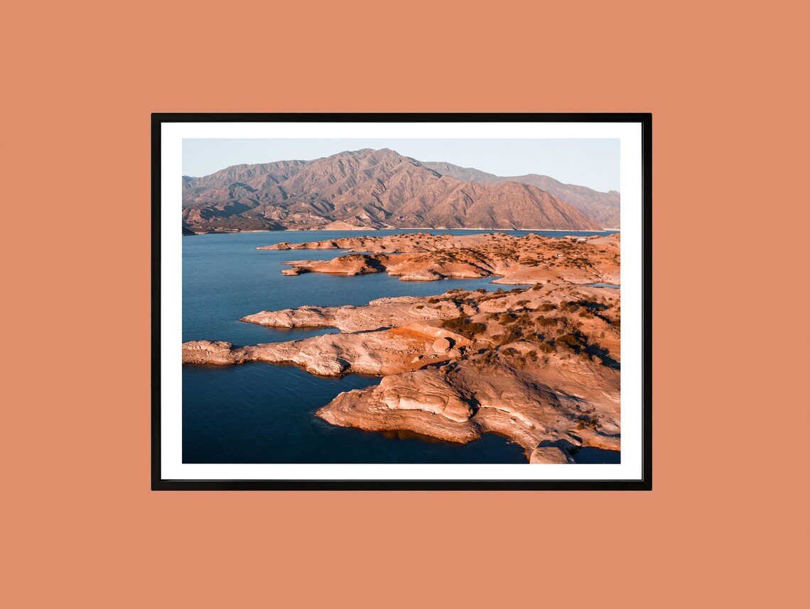 Red Rock Desert Lake Aerial Rugged Mountains Landscape Art Poster