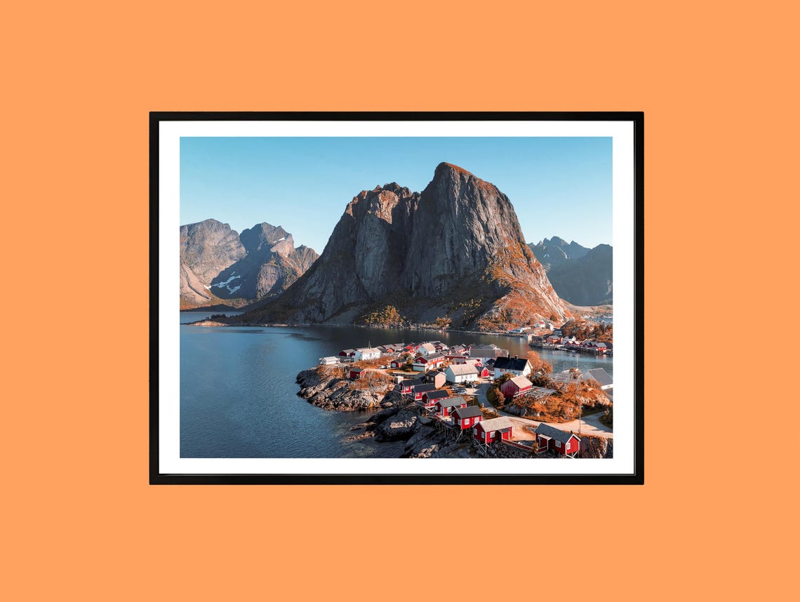 Lofoten Islands Norway Red Rorbu Cabins Under Peaks Photo Print