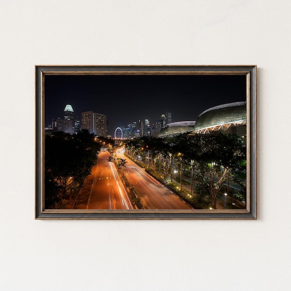 Singapore Marina Bay Print Night Skyline Light Trails Art