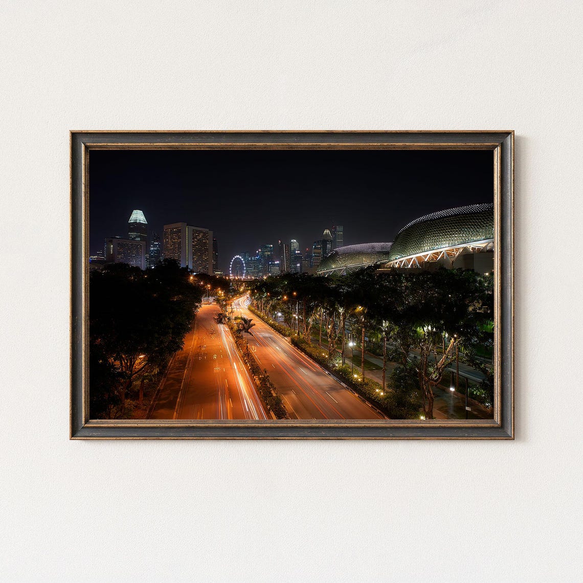 Singapore Marina Bay Night Skyline Esplanade Light Trails Poster